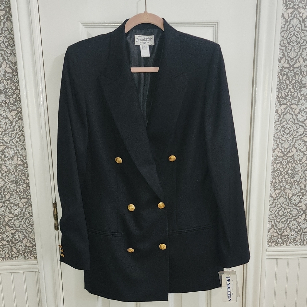 NWT Pendleton Wool Black Blazer Gold Embossed Buttons Academia Size 6 Tall​